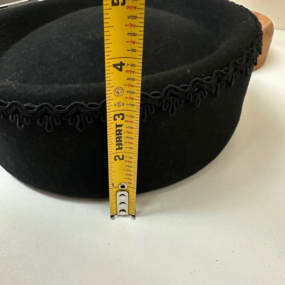 Vintage Importina Bollman Hat Co Black Wool Doeskin Felt Pillbox Hat Tassel USA
